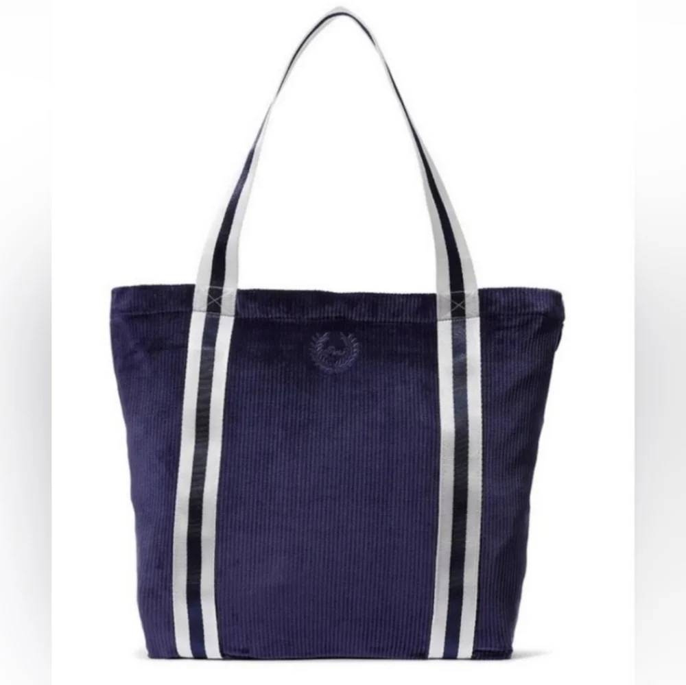 Victoria's Secret PINK Tote Navy Blue Velour Ribbed White Stripe Zipper VS